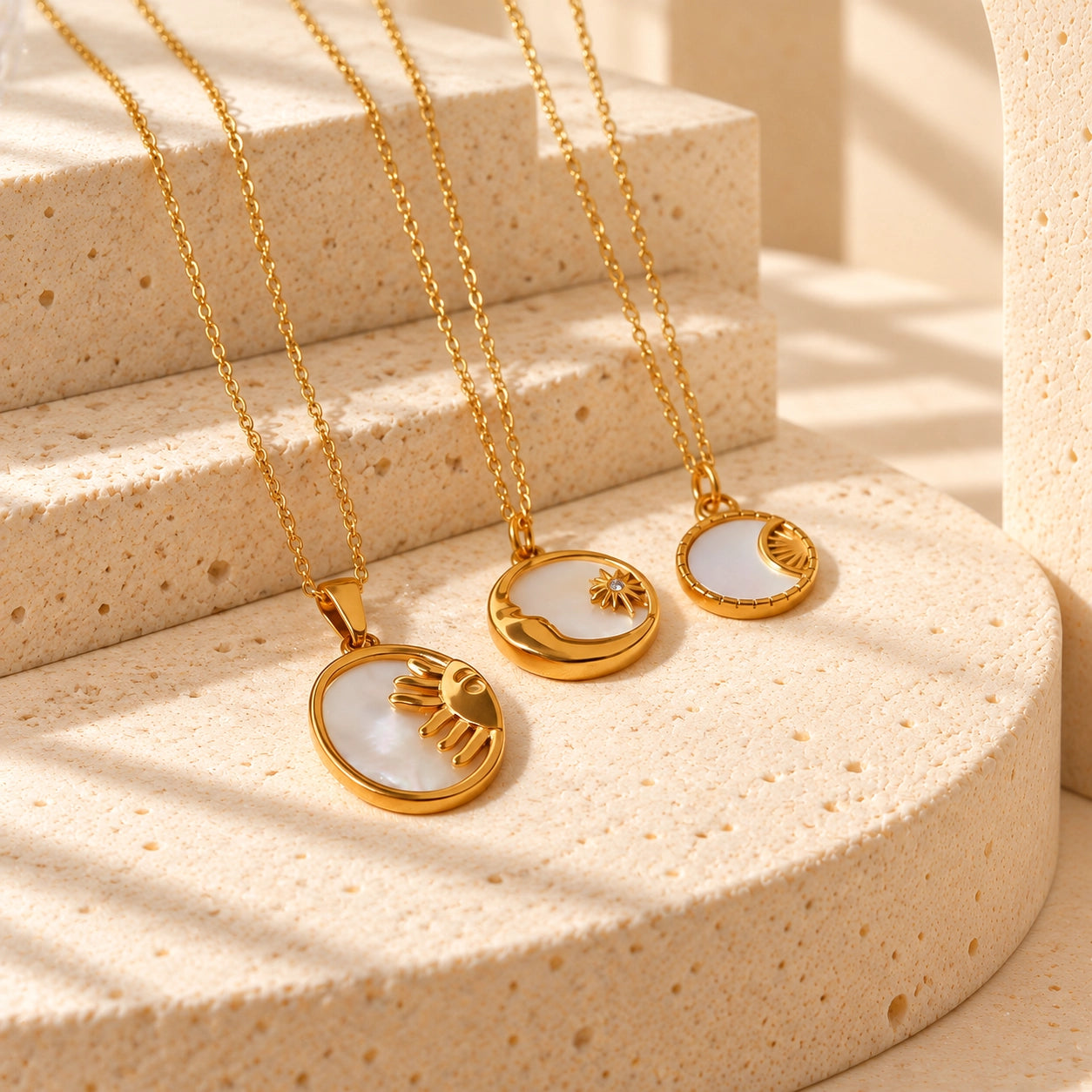 Gold-tone celestial shell pendant necklace with delicate sun and moon symbolism, designed for everyday layering