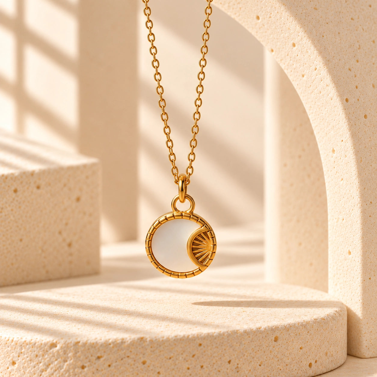 Natural shell inlay and polished gold-tone celestial pendant details from the Sun & Moon Shell Necklace collection