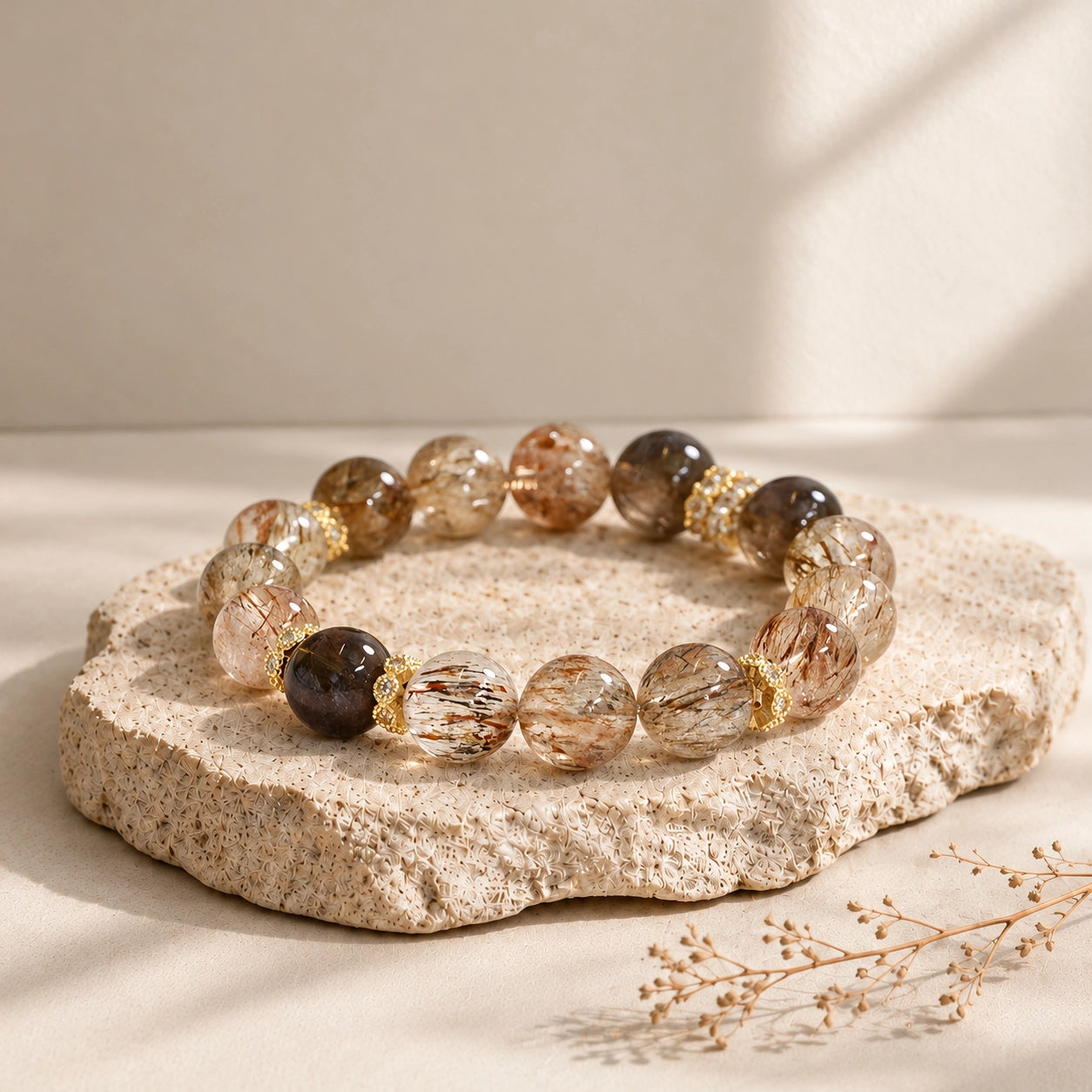 Natural stone bracelet combining smoky quartz and black gold rutilated quartz with delicate gold-tone accents