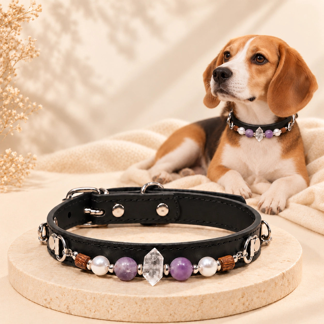 Beagle wearing a black amethyst and clear quartz dog collar, with matching collar displayed on a cream stone pedestal