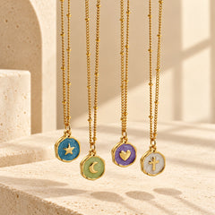 Colorful enamel pendant necklace with gold-tone electroplated copper and subtle bead accents