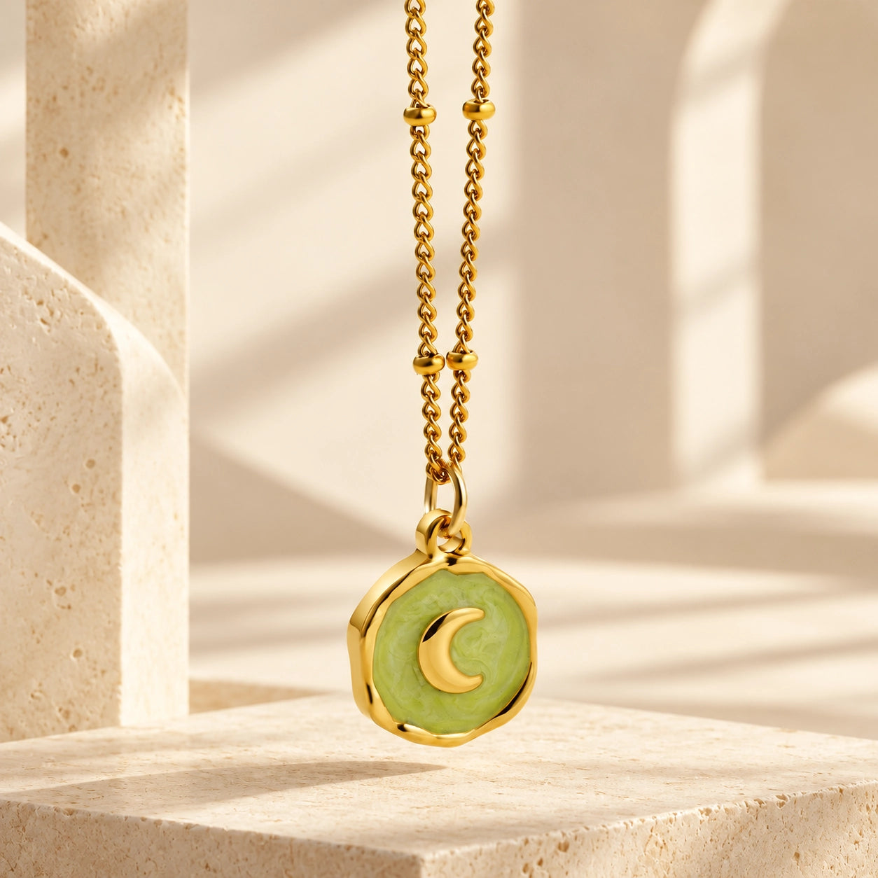 Enamel Moon charm necklace in gold-tone copper, celestial jewelry inspired by intuition and reflection
