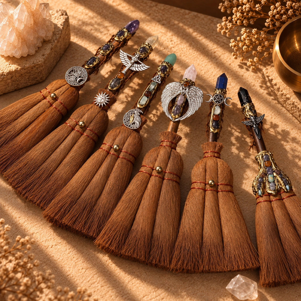 Rose Quartz crystal point witch broom with angel wing charm and natural straw details