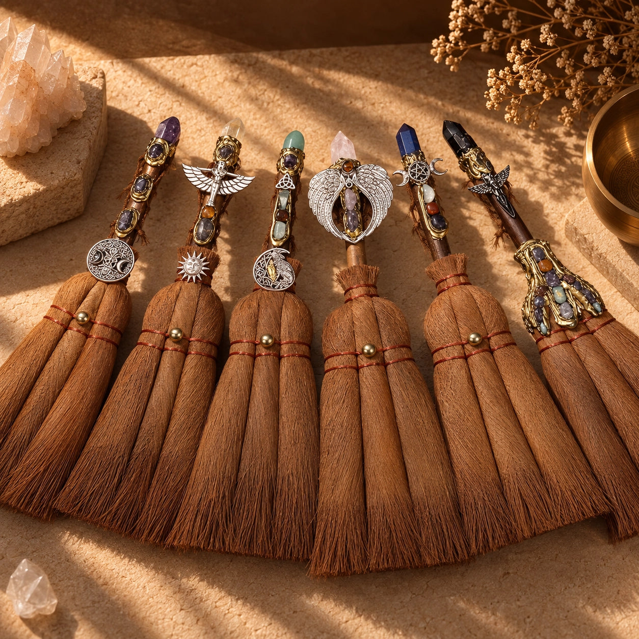 Handmade crystal point witch broom with natural straw, wrapped handle and symbolic charms