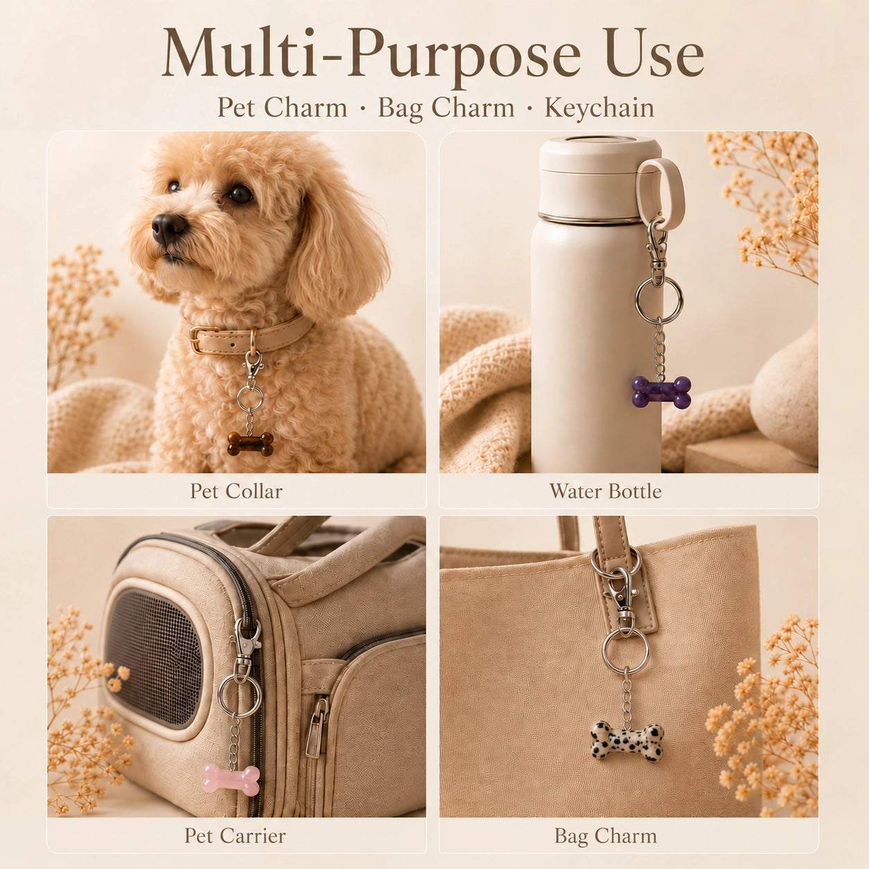 Natural stone pet bone charm shown as a dog collar charm, keyring and bag accessory