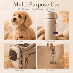 Natural stone pet bone charm shown as a dog collar charm, keyring and bag accessory