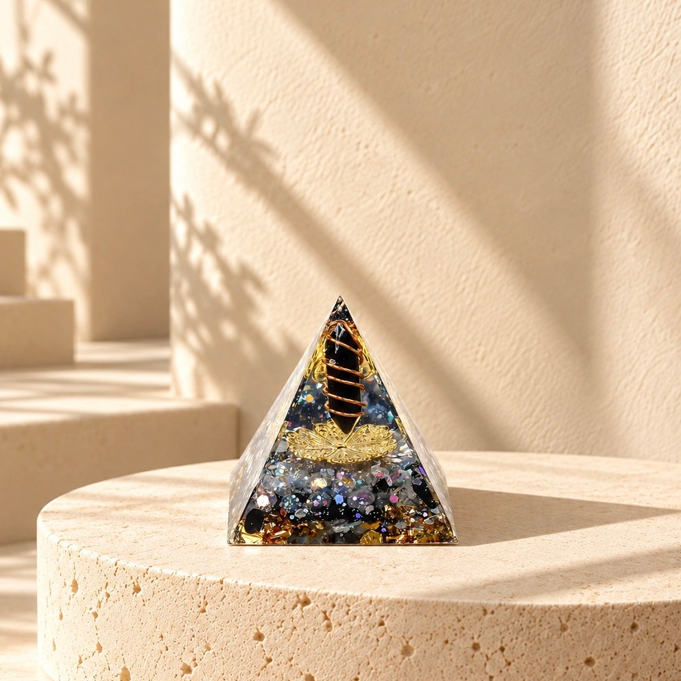 Protection orgonite pyramid with obsidian, labradorite, copper and gold foil styled in warm natural sunlight