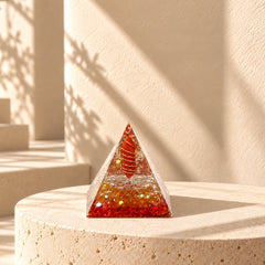 Red jasper and citrine orgonite pyramid with red quartz, copper coil and red foil accents