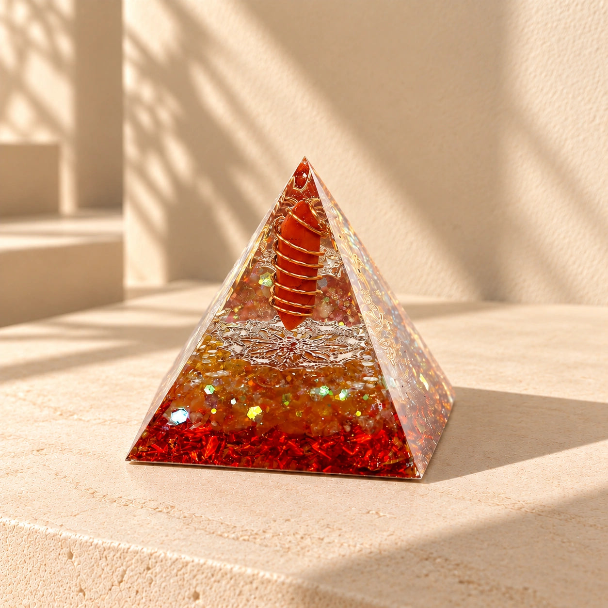 Vitality orgonite pyramid with red jasper, citrine and copper details on a warm ivory stone surface
