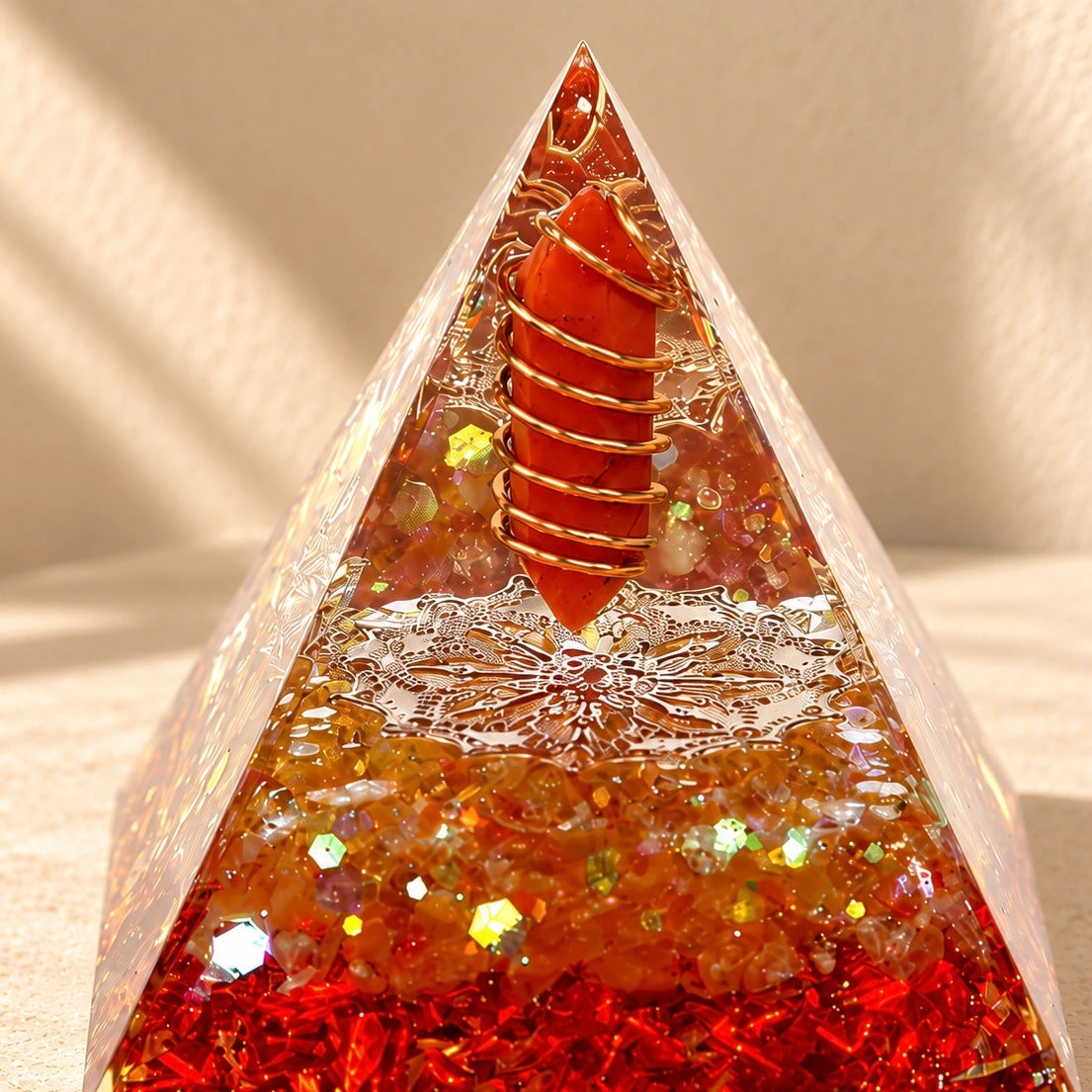 Vitality and courage orgonite pyramid with red jasper, red quartz and citrine styled in warm natural sunlight