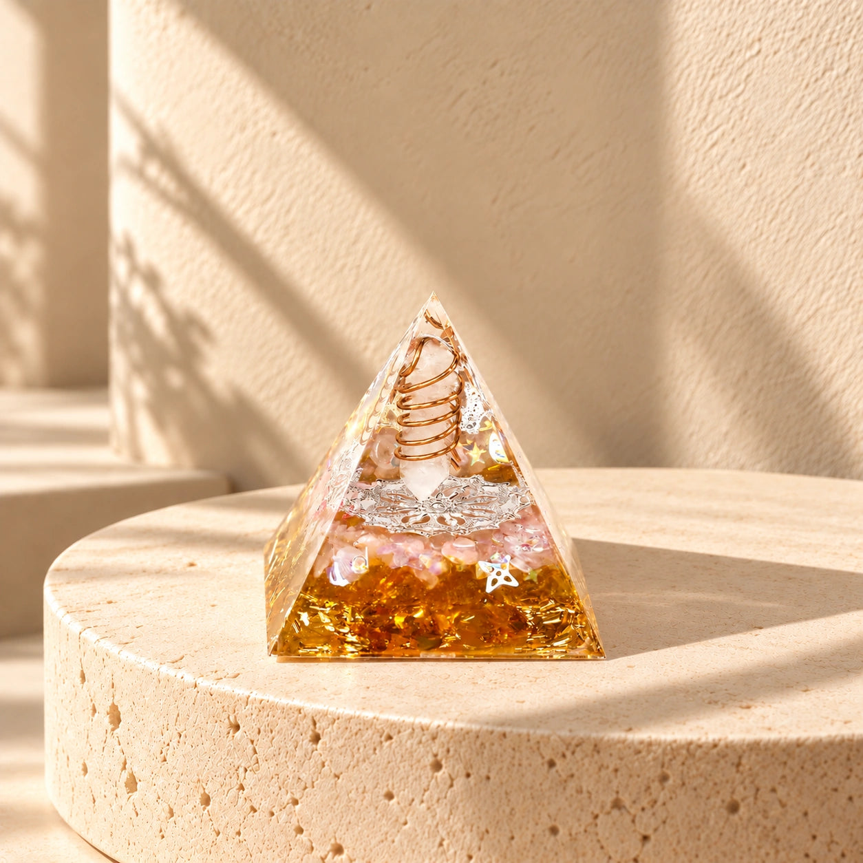 Rose quartz, clear quartz and citrine layers with a double-helix copper coil inside an orgonite pyramid