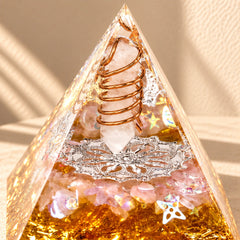 Love at First Sight orgonite pyramid styled in warm natural sunlight with rose quartz, clear quartz and citrine