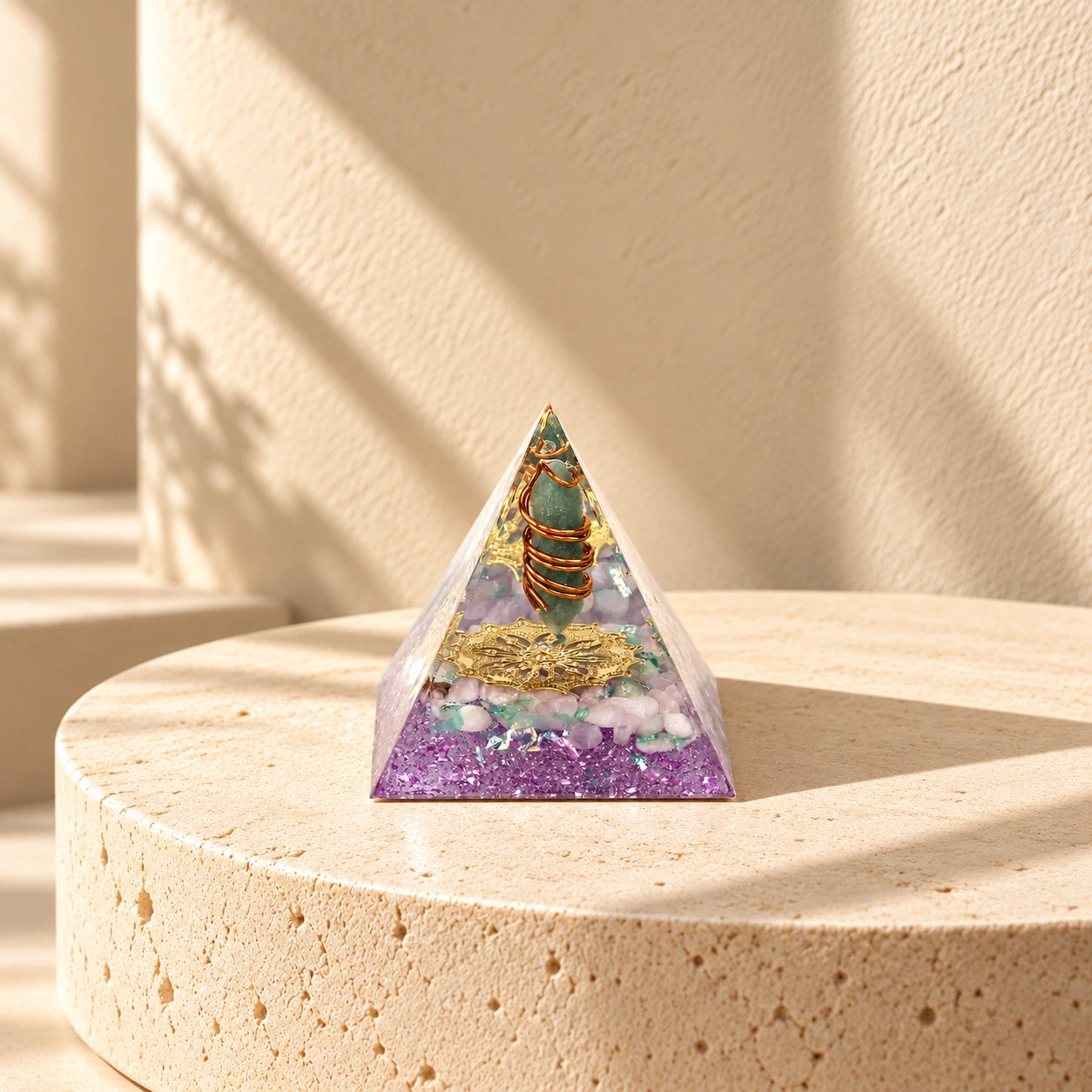 Rose quartz and green aventurine orgonite pyramid with double-helix copper coil and purple resin accents