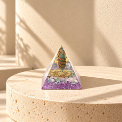 Rose quartz and green aventurine orgonite pyramid with double-helix copper coil and purple resin accents