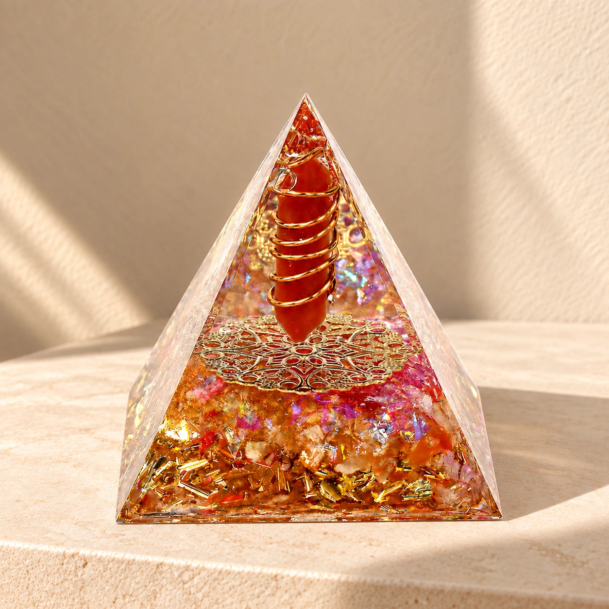 Red agate and citrine orgonite pyramid with copper coil and gold-tone details on a warm ivory stone surface