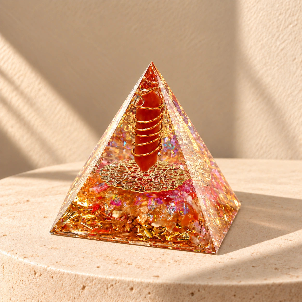 Close-up of red agate, red quartz, citrine, copper coil and gold-tone details inside a motivation orgonite pyramid