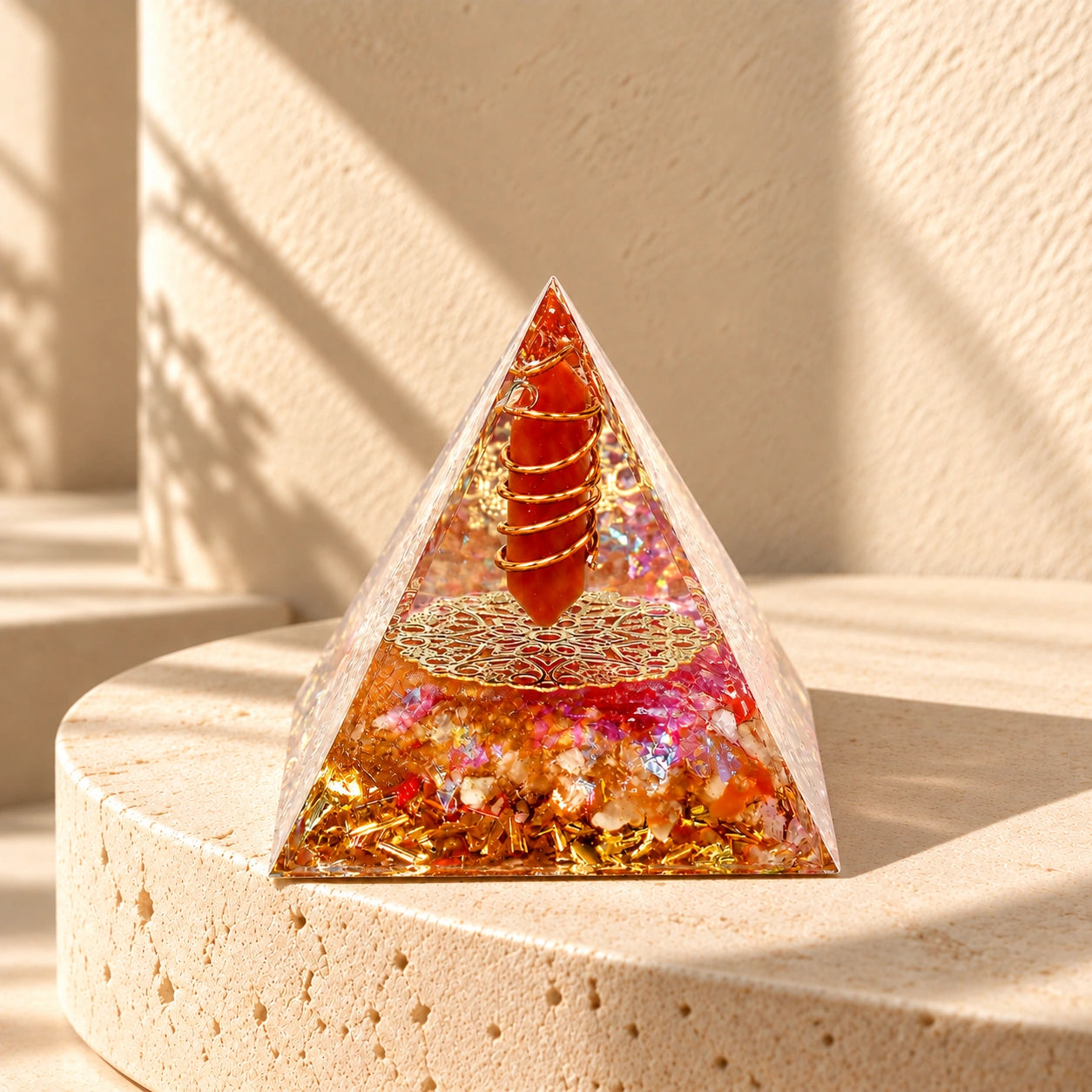 Motivation orgonite pyramid with red agate, citrine, red quartz and copper details for workspace or study decor
