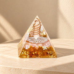 Love at First Sight orgonite pyramid with rose quartz, citrine, clear quartz, copper wire and gold foil details