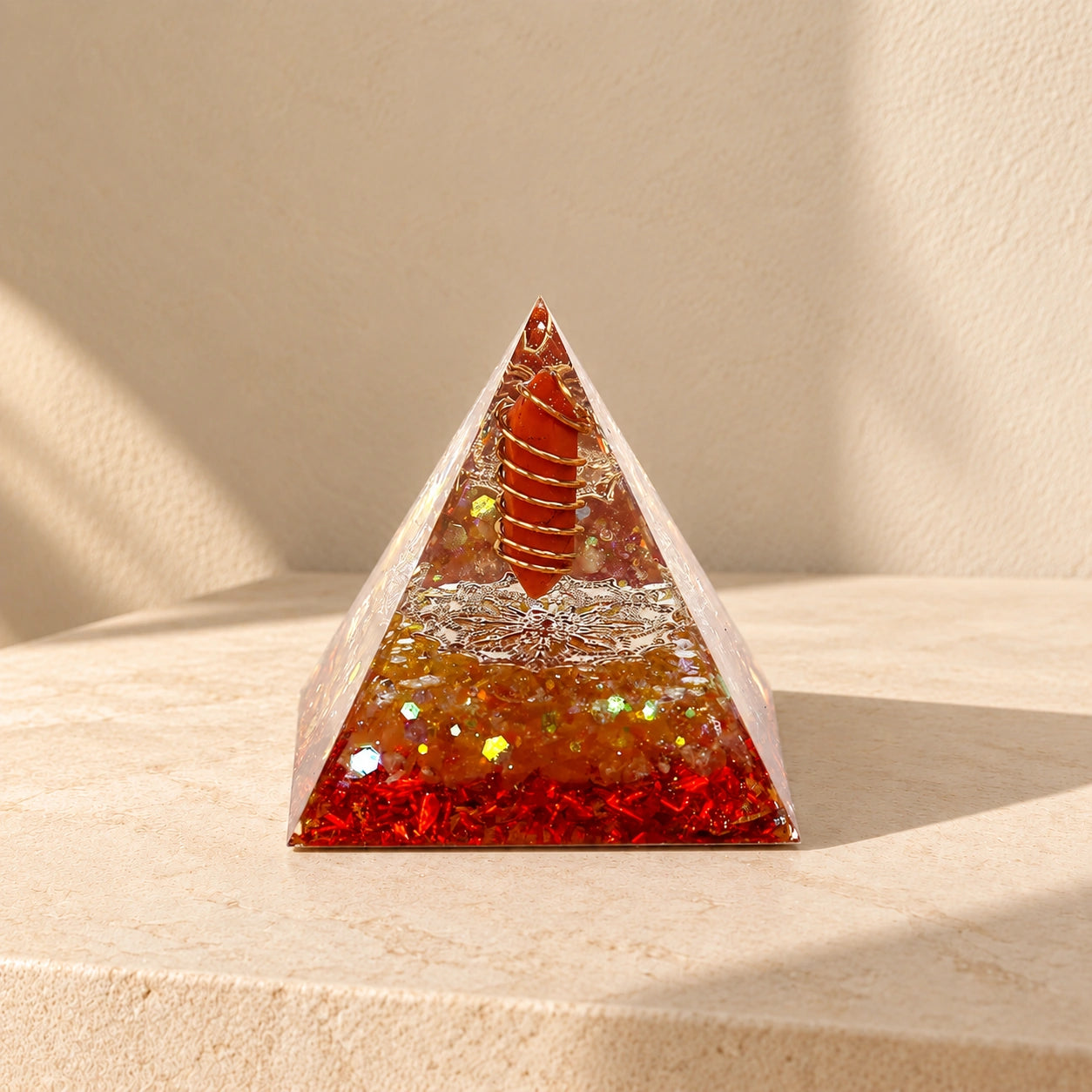 Red jasper, red quartz and citrine orgonite pyramid for courage, confidence and workspace decor