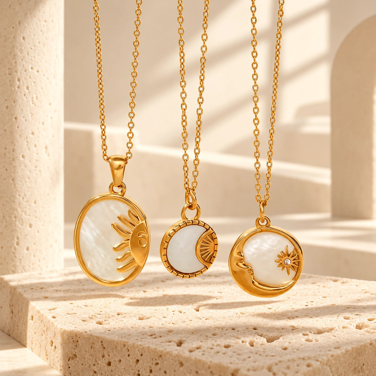 Three Sun & Moon shell necklace styles displayed together: Sun Oval, Sun & Moon Coin and Moon & Star with gold-tone pendants