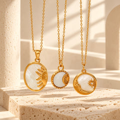 Three Sun & Moon shell necklace styles displayed together: Sun Oval, Sun & Moon Coin and Moon & Star with gold-tone pendants
