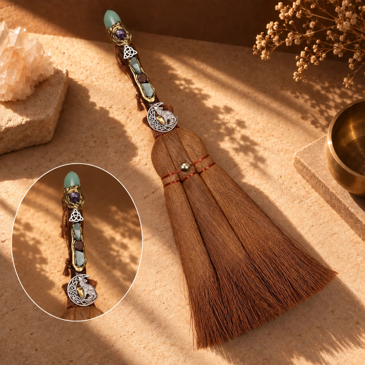 Amethyst crystal point witch broom with natural straw and Tree of Life charm