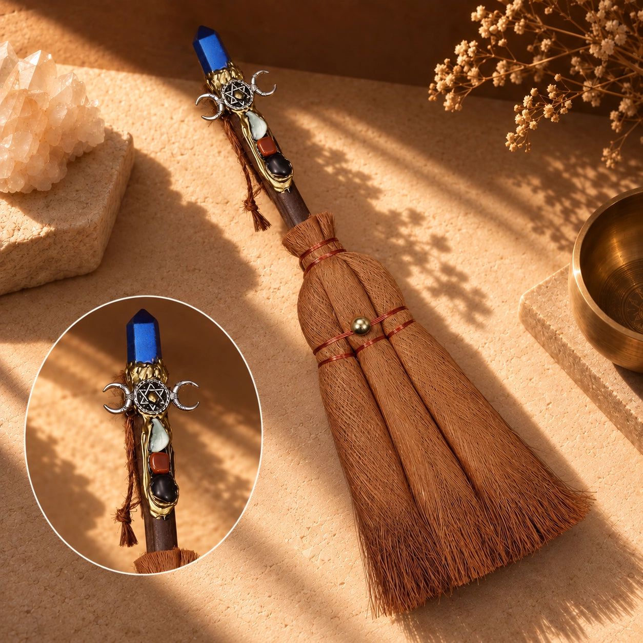 Green Aventurine crystal point witch broom with Celtic knot and wolf moon charm