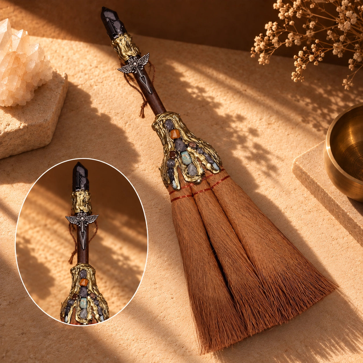 Lapis Lazuli crystal point witch broom with Triple Moon and hexagram charm