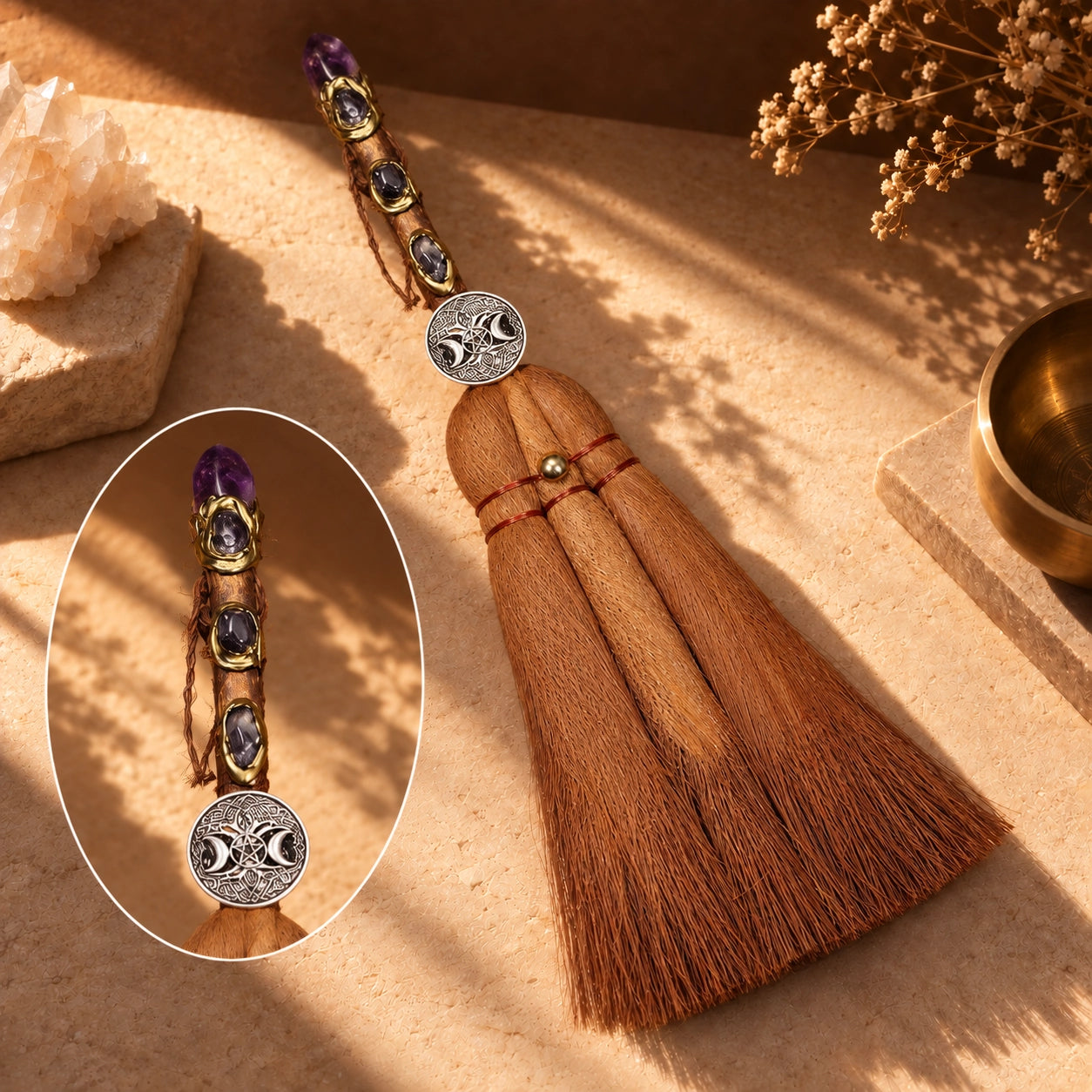 Obsidian crystal point witch broom with natural straw and angel sword charm