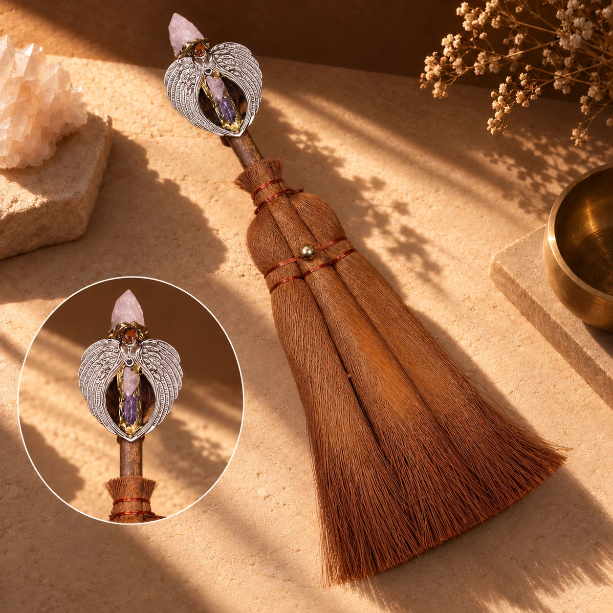 Citrine crystal point witch broom with natural straw and sun symbol