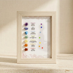 7 chakras healing crystal display frame with natural chakra stones and meditation silhouette design in a wooden frame
