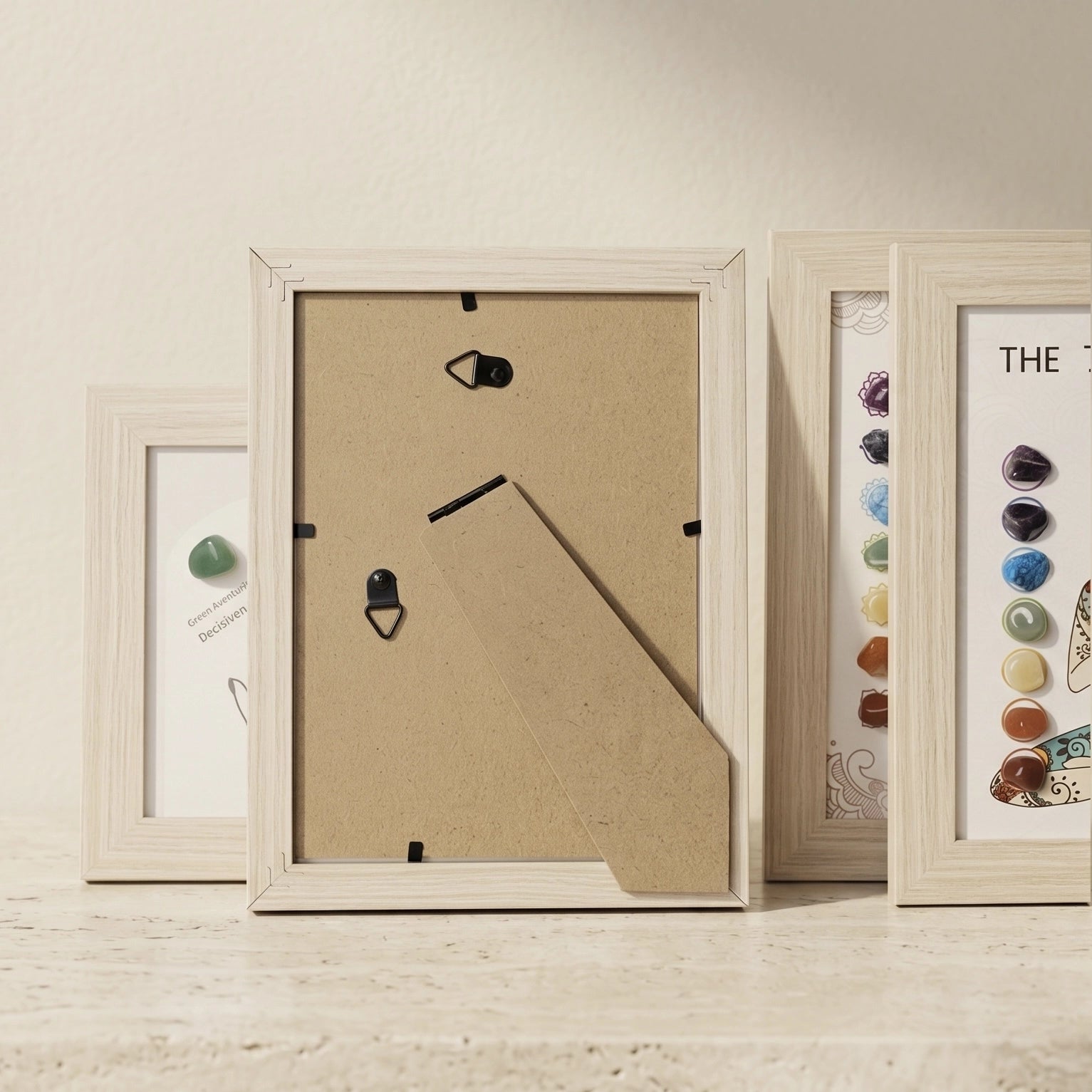 Back view of a 7 chakras healing crystal display frame with wooden frame, hanging hooks and stand support