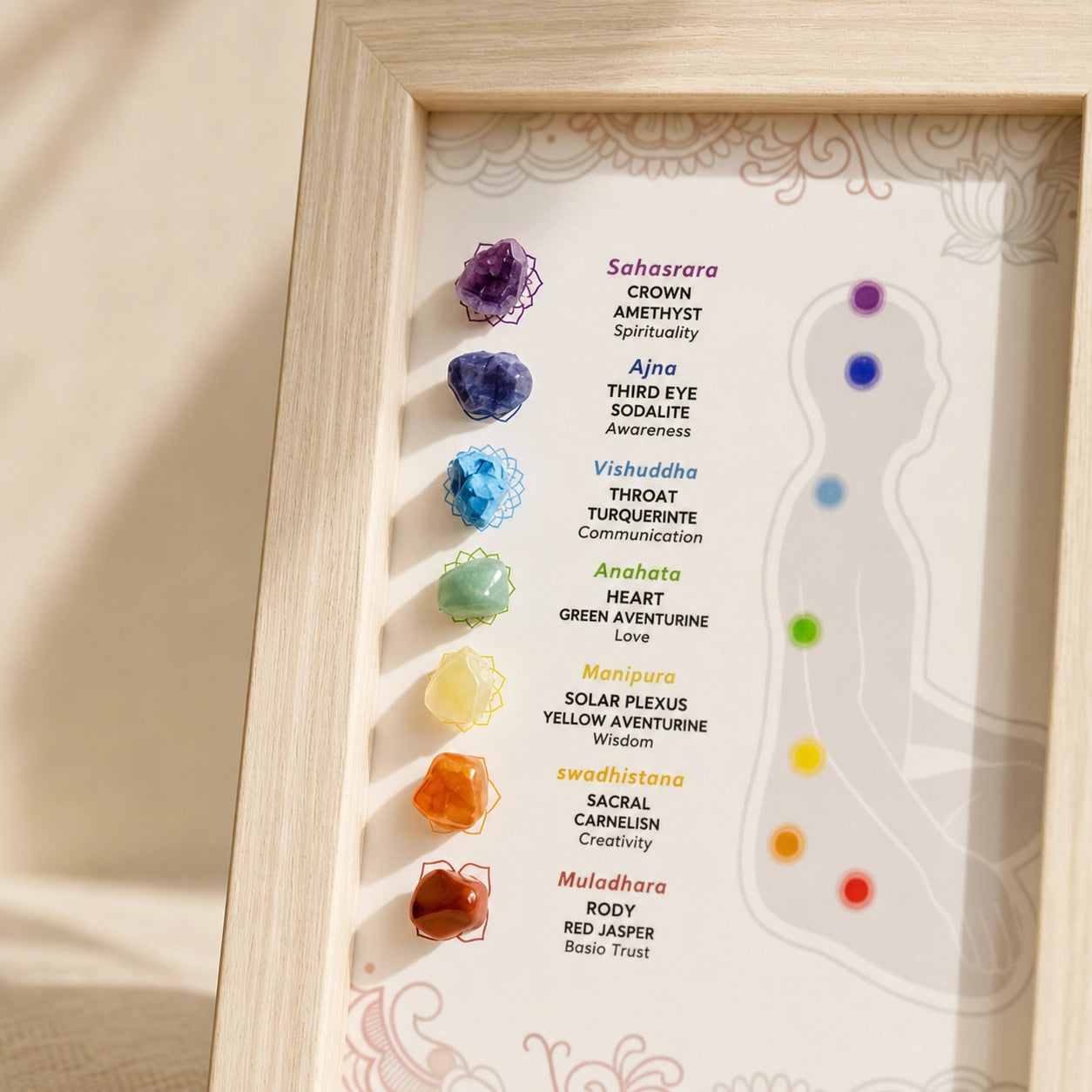 Close-up of a 7 chakras healing crystal display frame showing chakra stones and meditation chart details