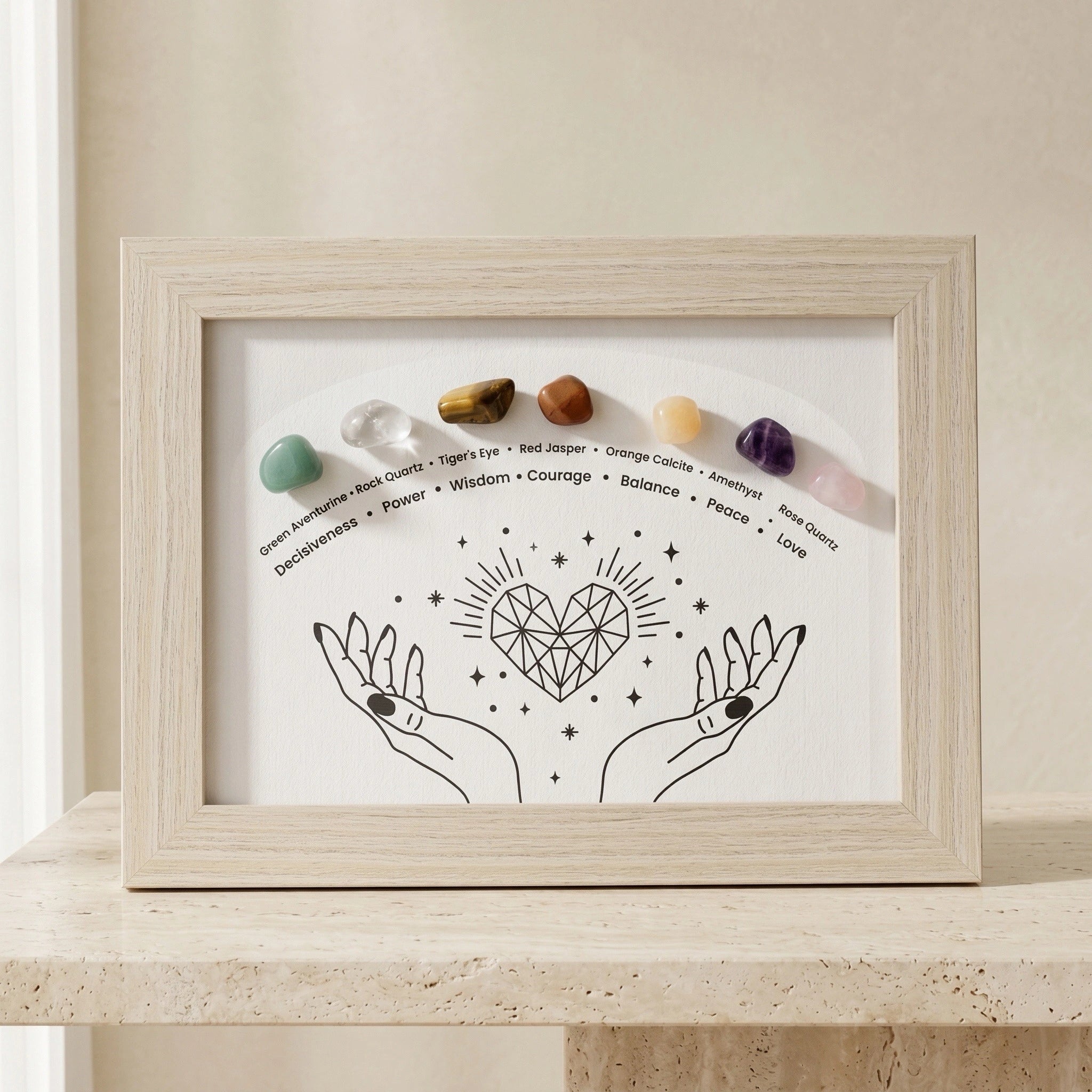 chakra crystal display frame with wooden frame for meditation room decor