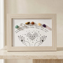 chakra crystal display frame with wooden frame for meditation room decor