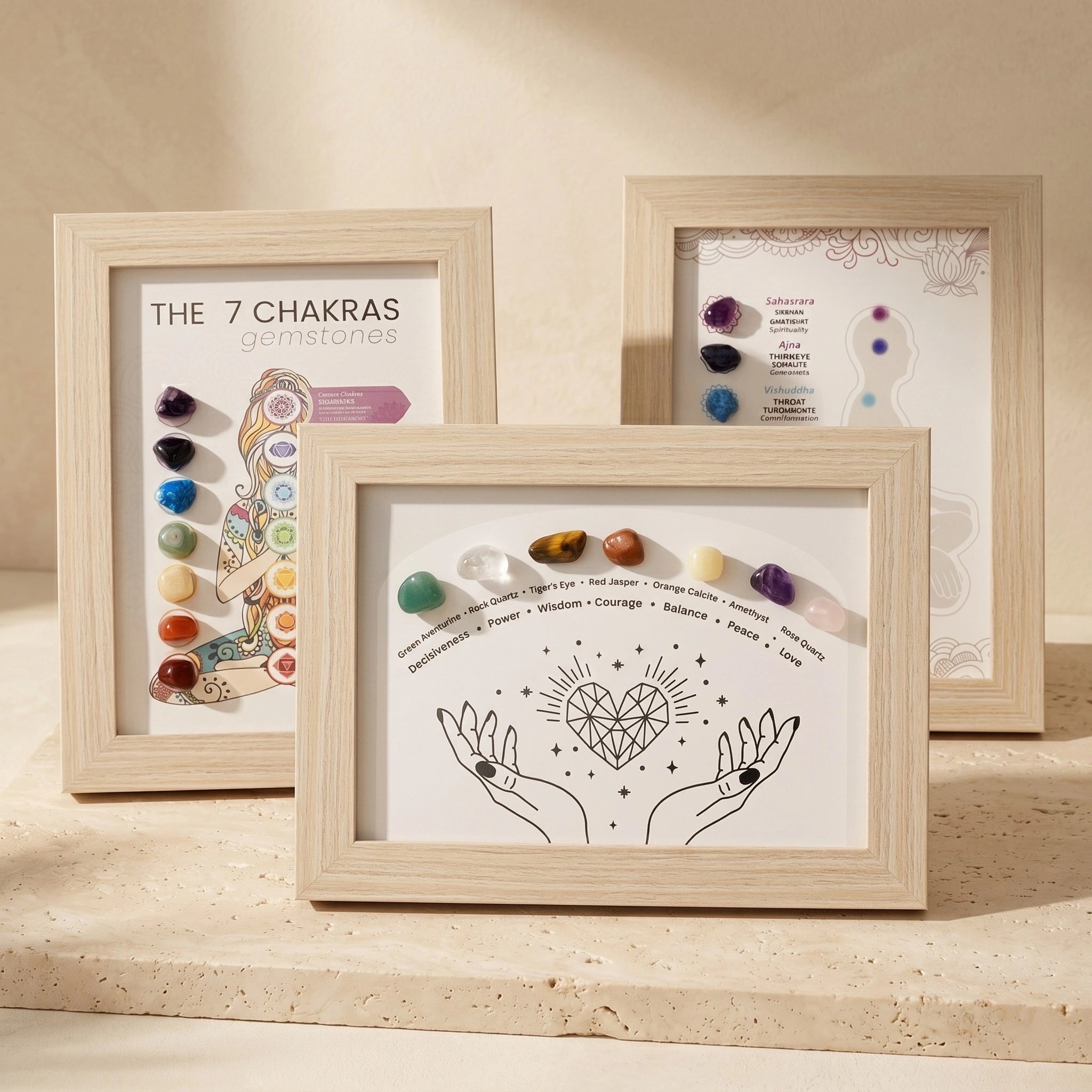 chakra stones display frame with green aventurine clear quartz tiger eye red jasper orange calcite amethyst and rose quartz