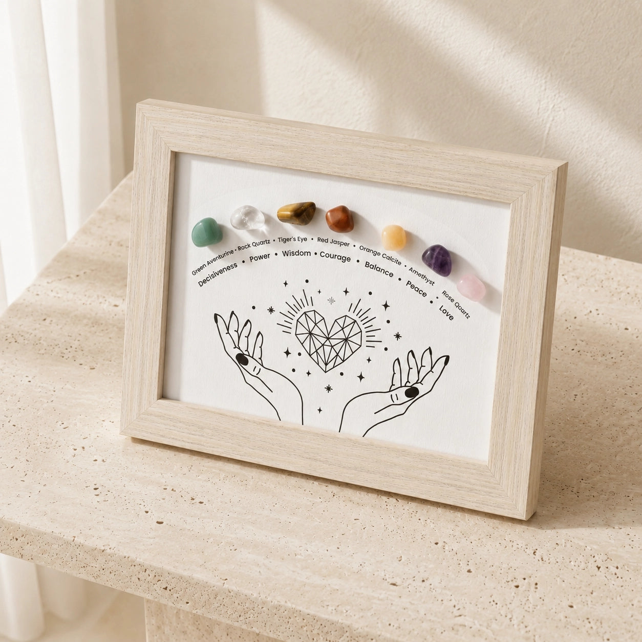 Chakra crystal healing stones display frame on beige stone shelf for energy balance and spiritual home decor