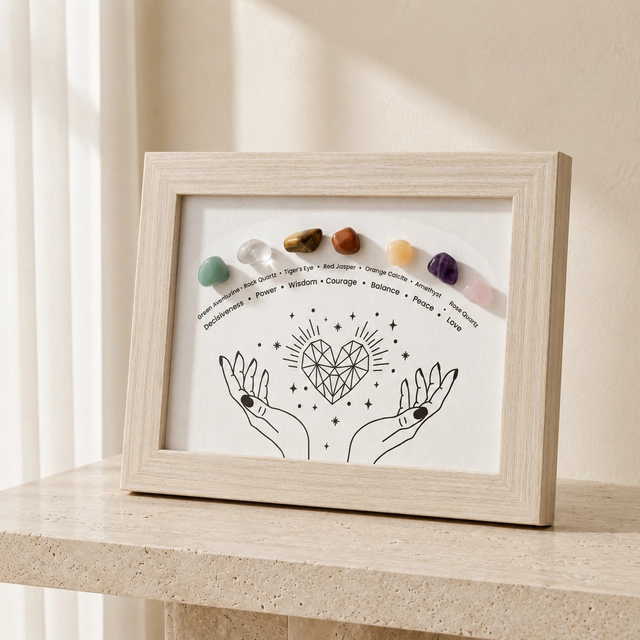 Close-up of chakra crystal healing stones display frame with natural gemstones for meditation room and energy balance decor