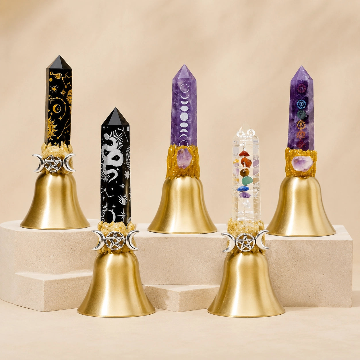 Crystal point bell collection arranged for display