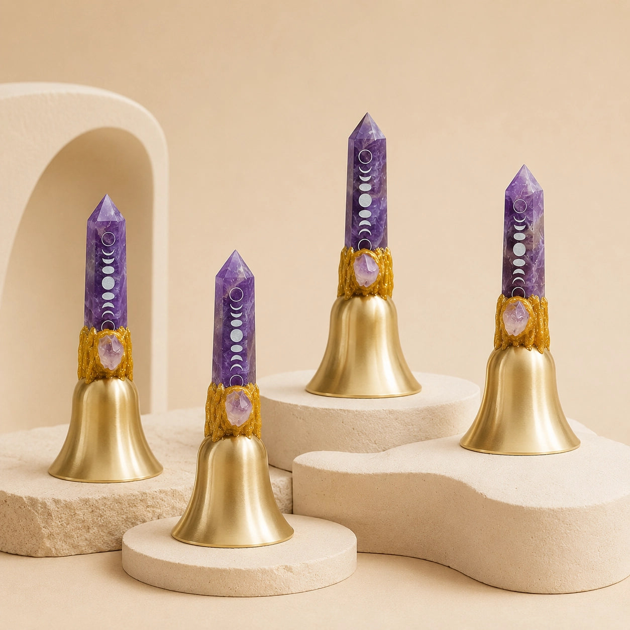 Amethyst crystal point bell with moon phase symbols