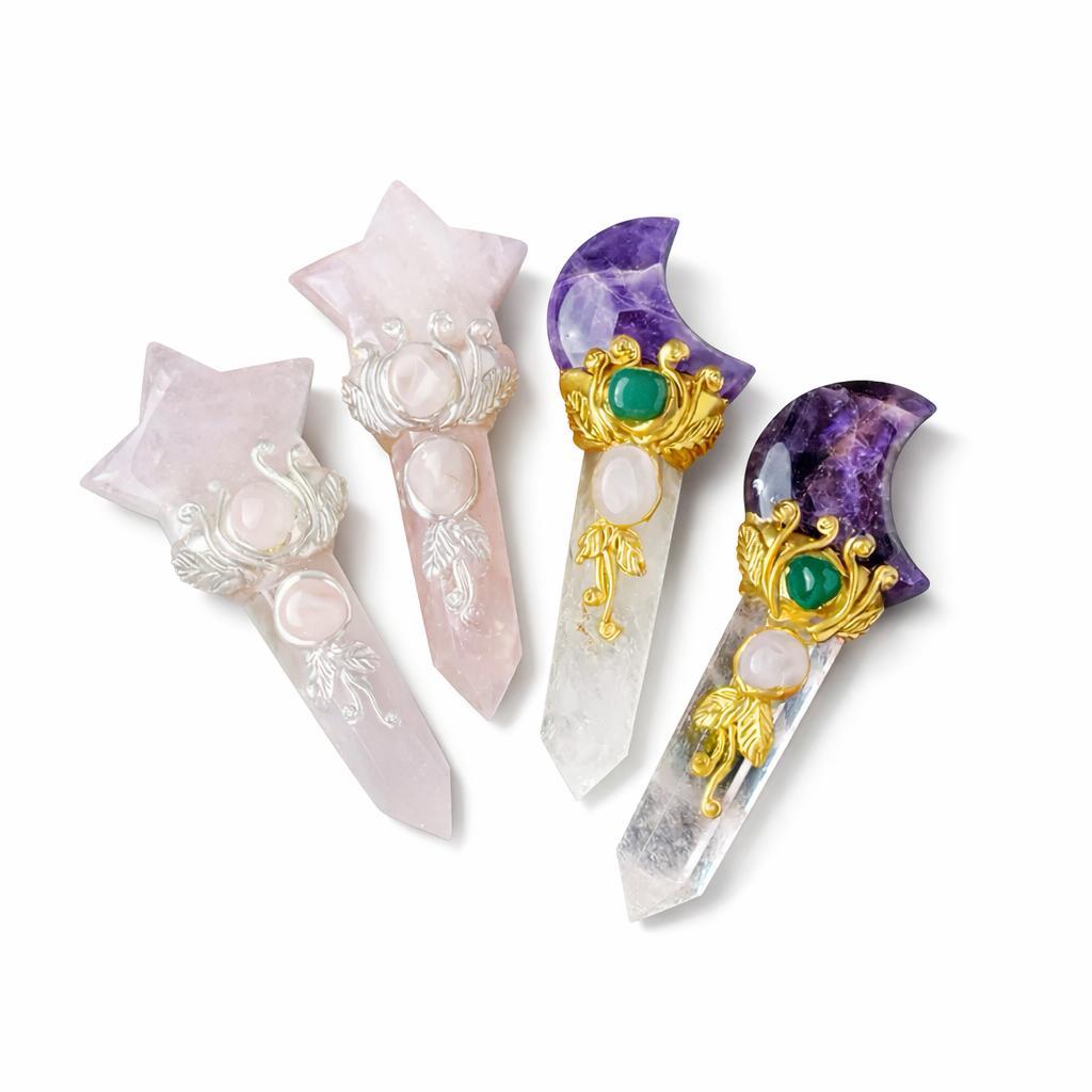 Star and moon crystal point featuring amethyst and rose quartz for calm, love and self-care rituals

