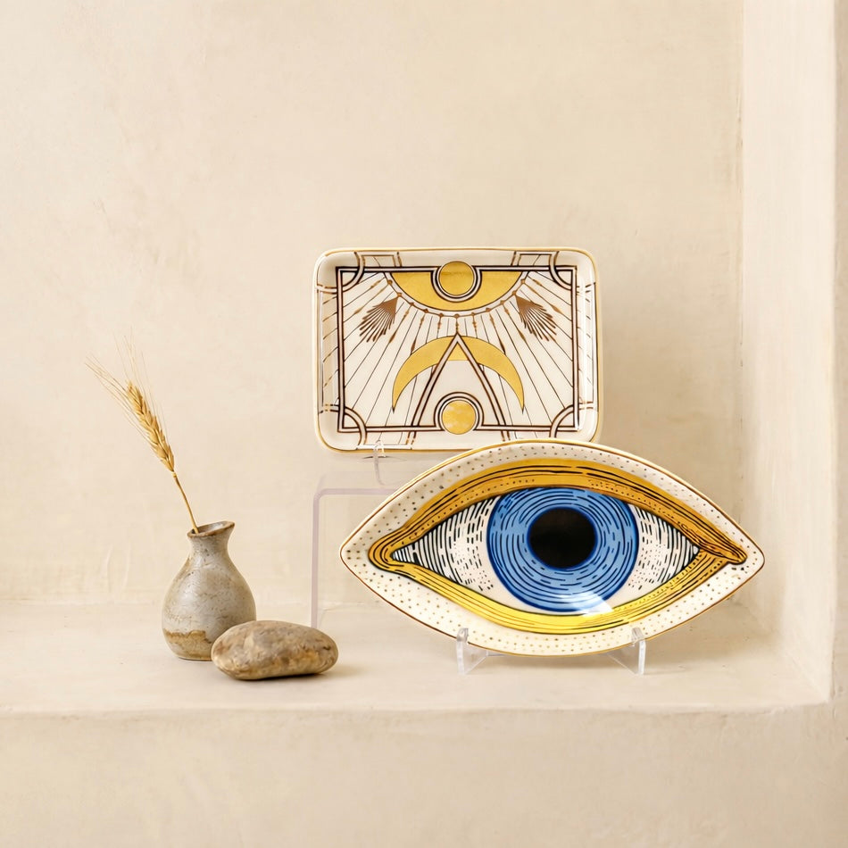 classic blue evil eye ceramic tray displayed as spiritual home decor