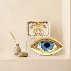 classic blue evil eye ceramic tray displayed as spiritual home decor