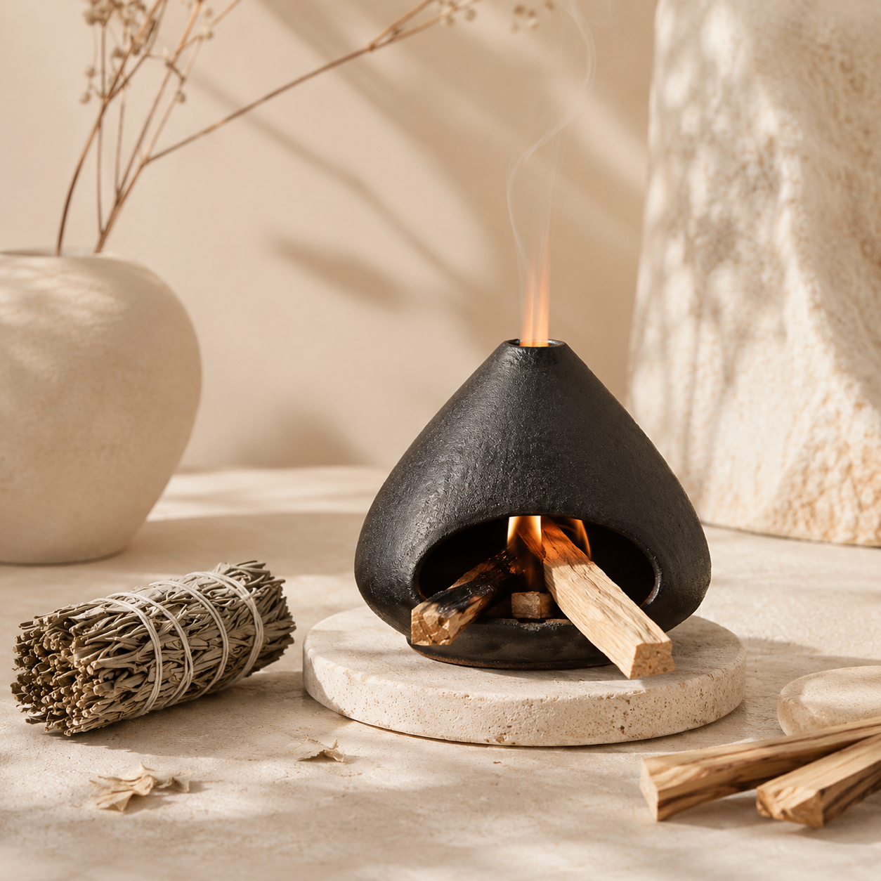 Black ceramic Palo Santo and sage burner with open fireplace design and top smoke vent for energy cleansing.