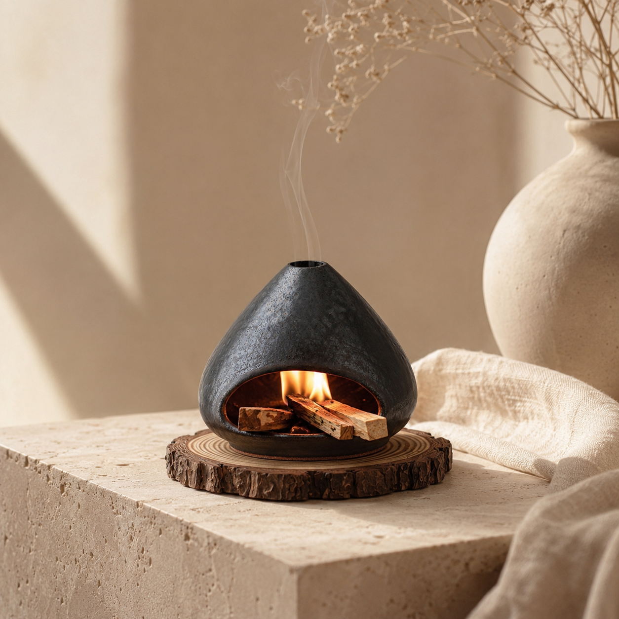 Black ceramic smudge burner with Palo Santo, sage bundle, and rising smoke for spiritual cleansing and calming ritual decor.