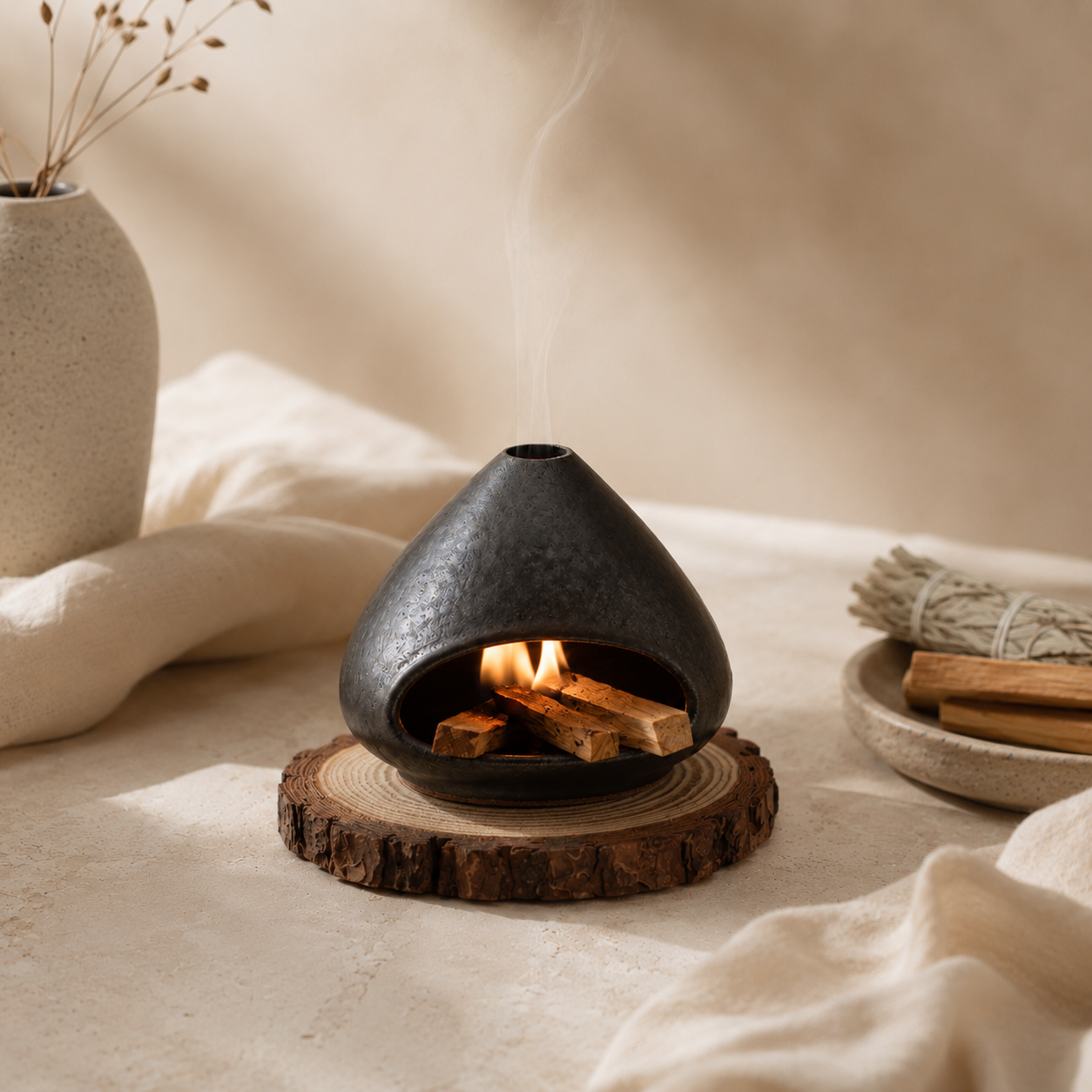 Textured black ceramic smudge burner with burning Palo Santo on a wood slice for grounding home cleansing rituals.