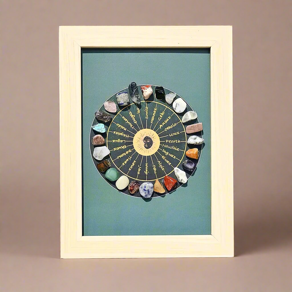 Framed artwork with a wheel of stones and text on a teal background