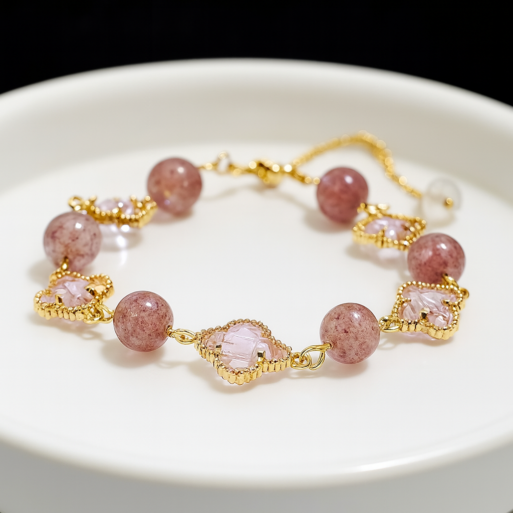 Natural Crystal Clover Bracelet | Citrine for Wealth & Strawberry for Heart Healing - Auratract