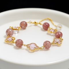 Natural Crystal Clover Bracelet | Citrine for Wealth & Strawberry for Heart Healing - Auratract
