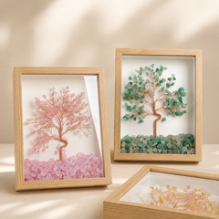 Crystal tree of life frame decor set with rose quartz, green aventurine and yellow gemstone trees in wooden frames